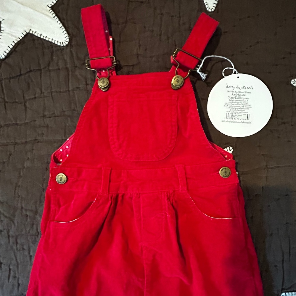 Dotty Dungarees - Bright Red Cord Dress - 3-4Y